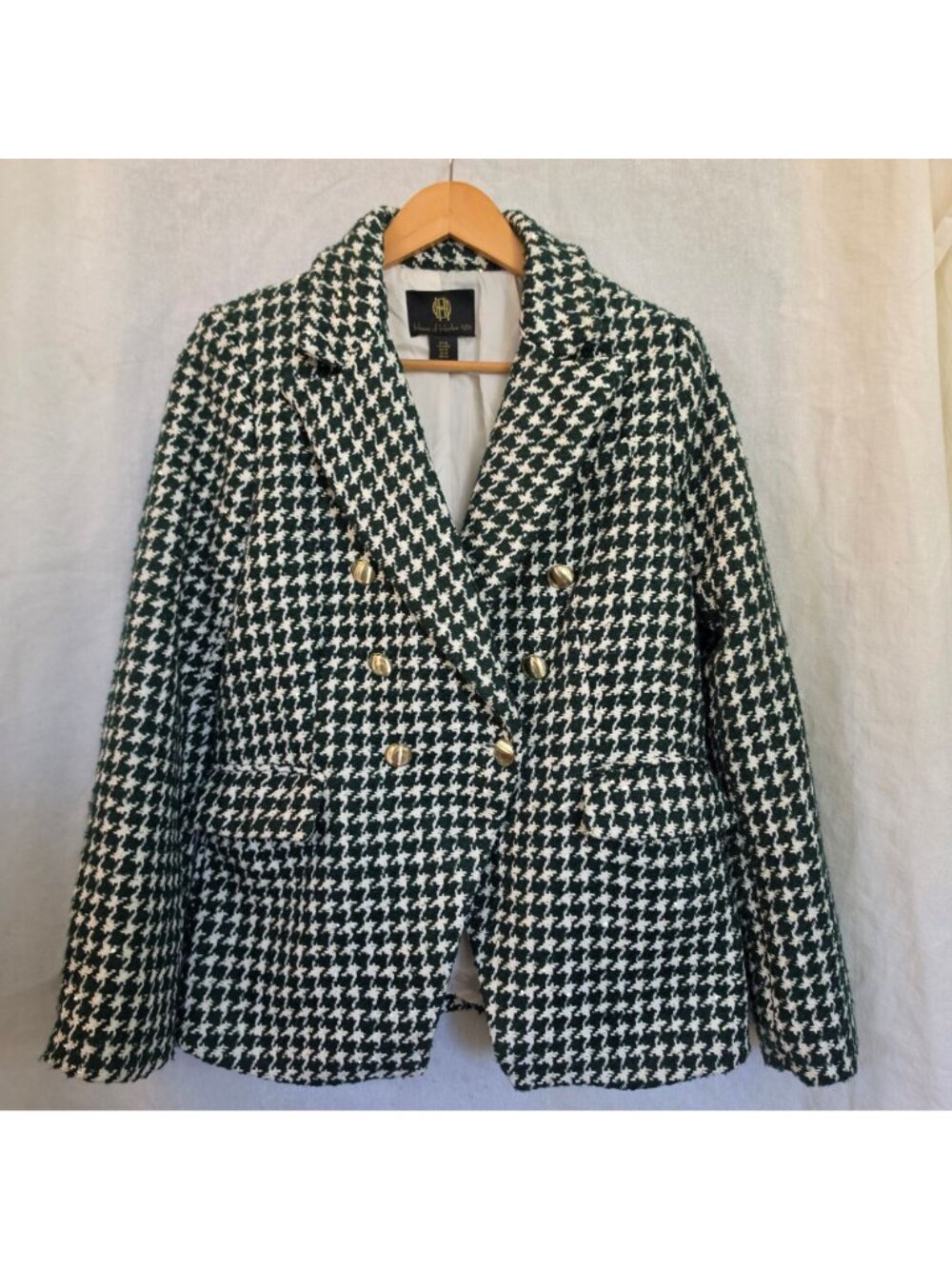 House of Harlow 1960 Blazer Jacket Medium Green White Houndstooth Gold Buttons - Picture 2 of 9